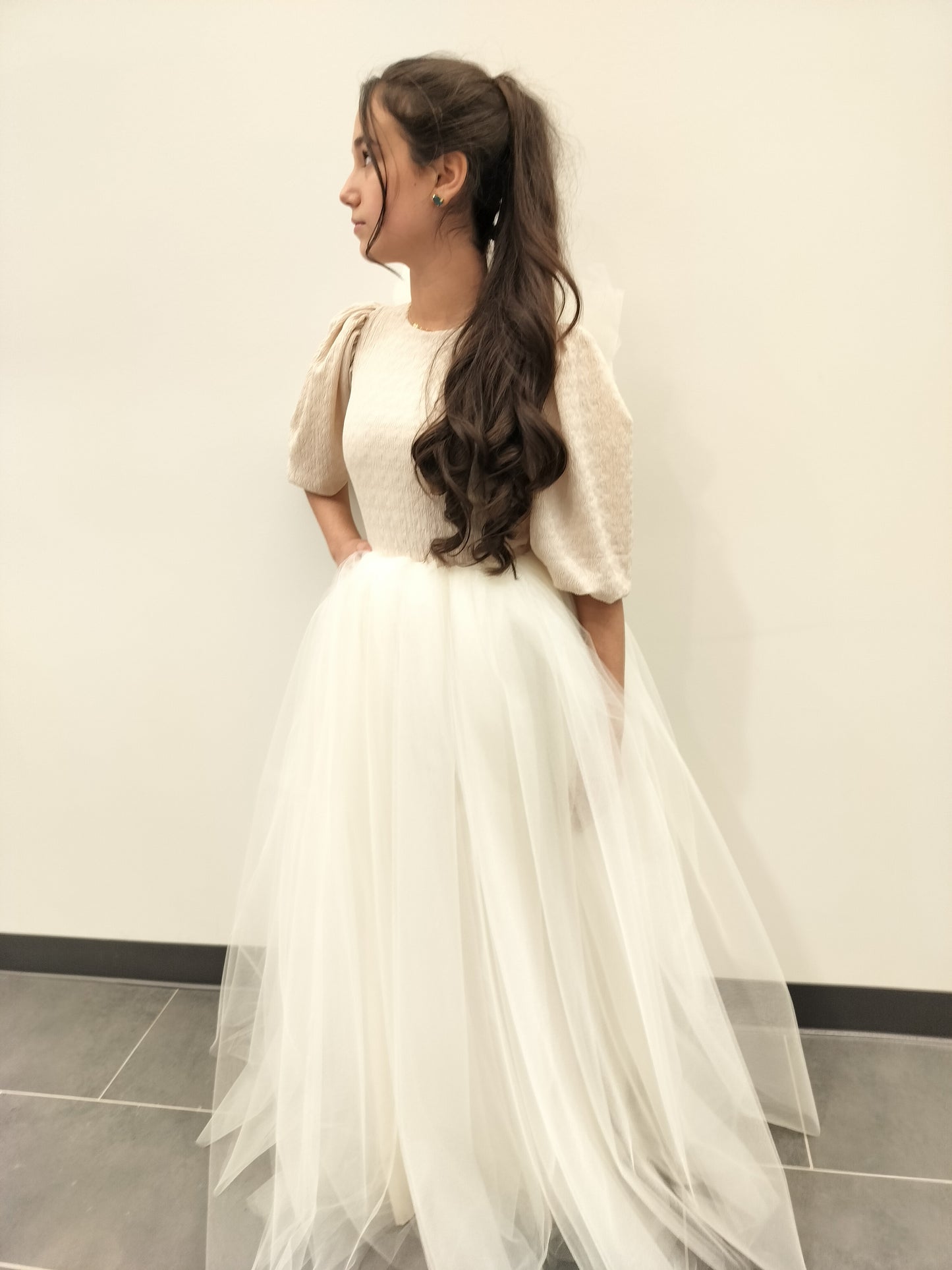 Cream Tulle Bow Dress